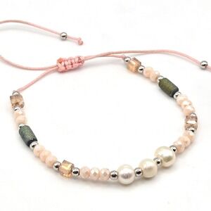 Boho Beaded Bracelet Pink Cord Pearls Crystal Aventurine Accents Adjustable